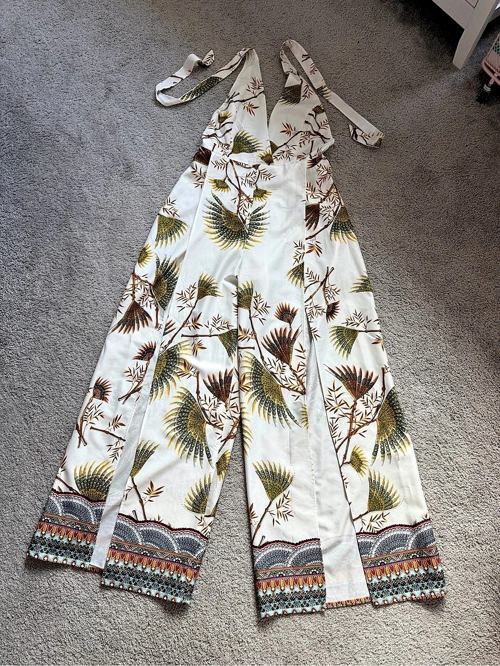 Floral Halter Wide-Leg Jumpsuit in White & Green